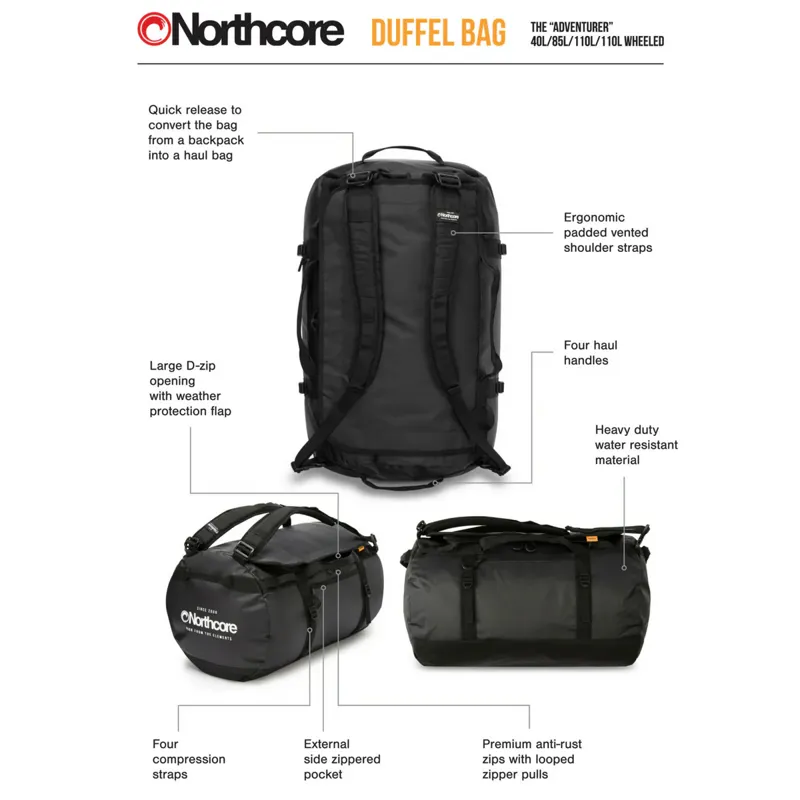 Northcore Duffle Bag 85L in Black/White-4