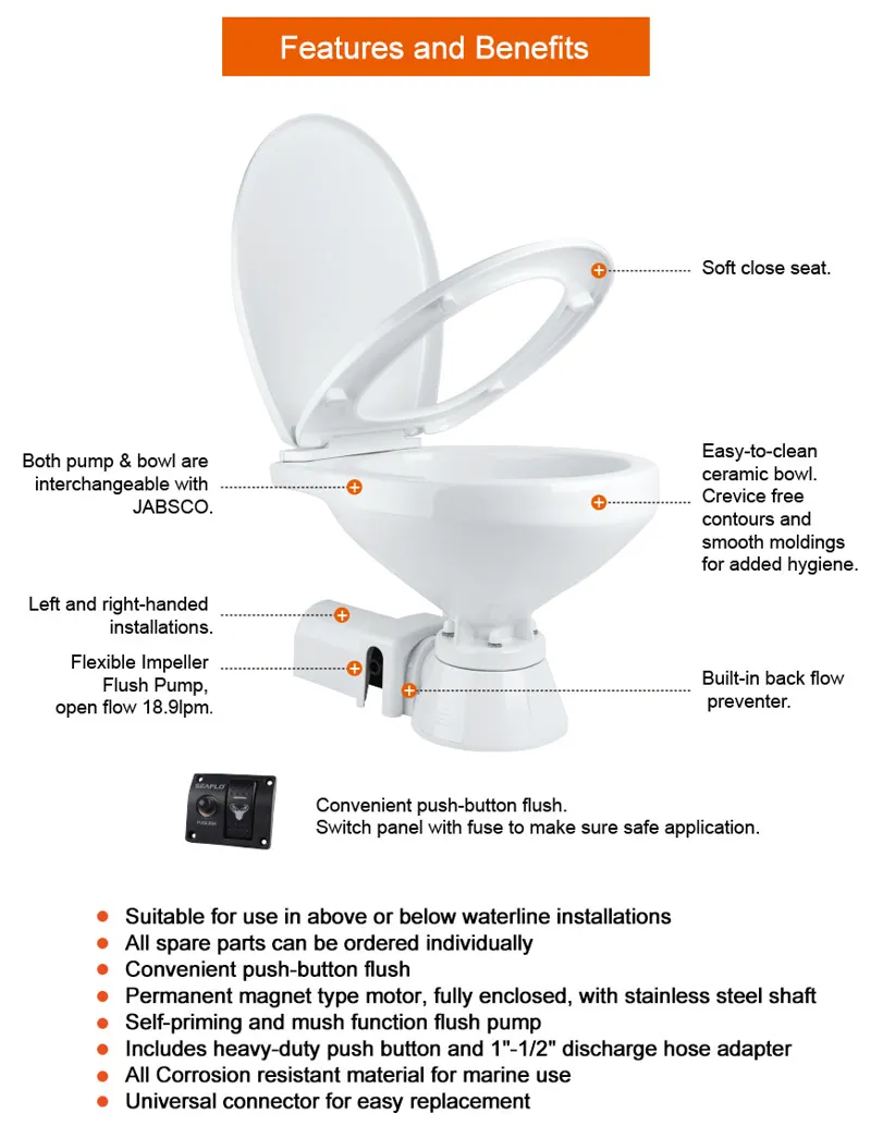 Seaflo 12V Electric Marine Toilet Regular Size Horizontally Mounted-3